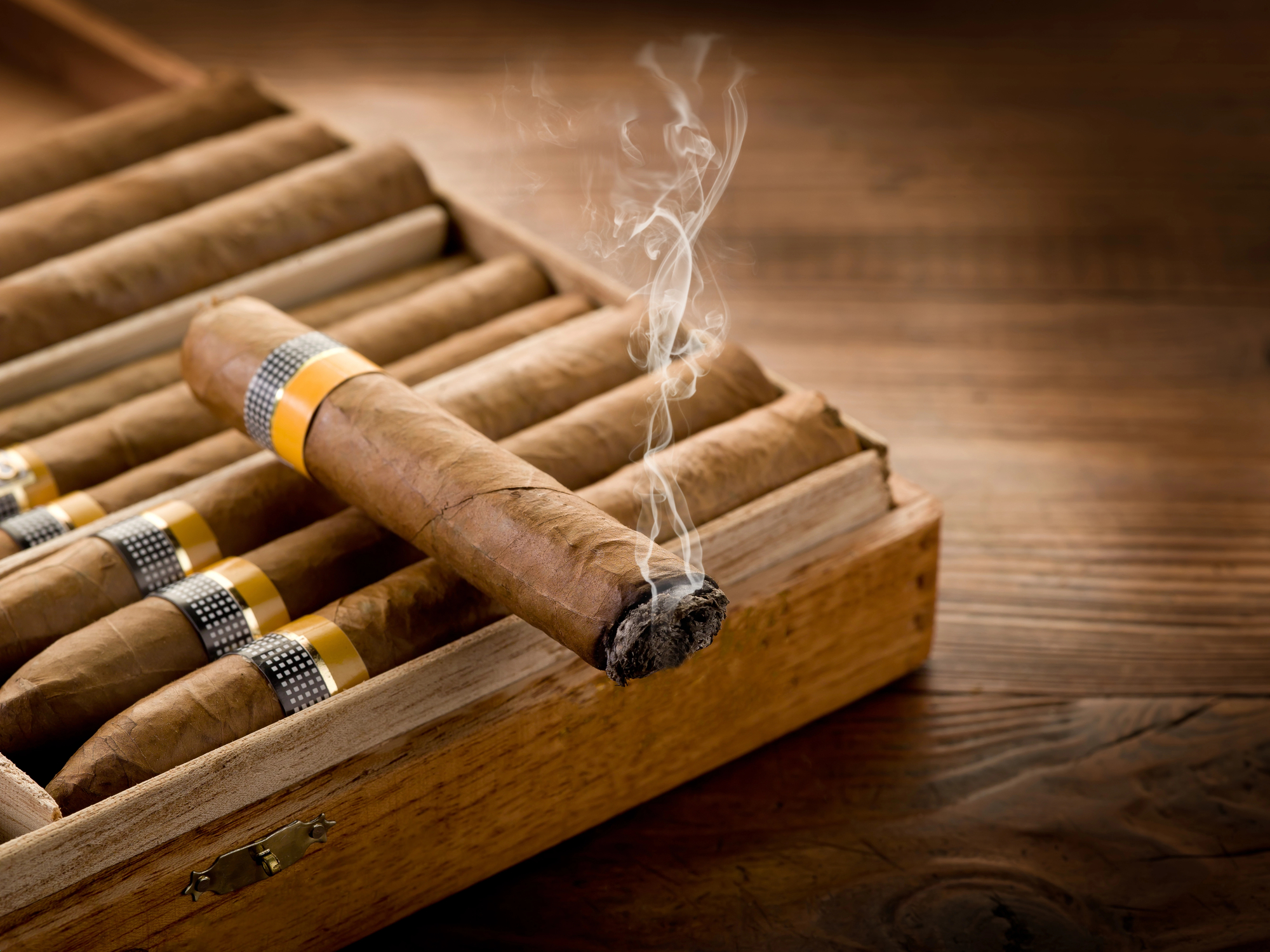 close up look of a burning cigar on top of a neatly arranged cigars in a box