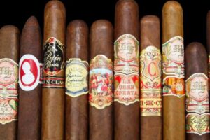 A row of cigars from different brands in various sizes